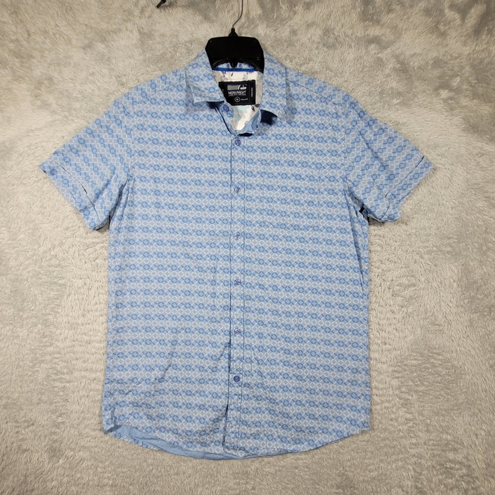 Monument Shirt Mens Medium Blue Geometric Short Sleeve Cotton Button Down